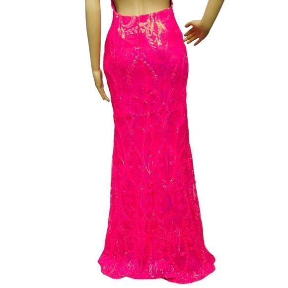 B. Darlin Pink Dress Pattern Sequin V-Neck Spaghetti Straps Maxi Gown 3-4 - Picture 9 of 16